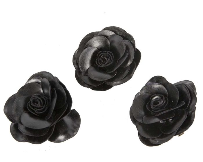 9cm black leather flower brooch (pack of 3)